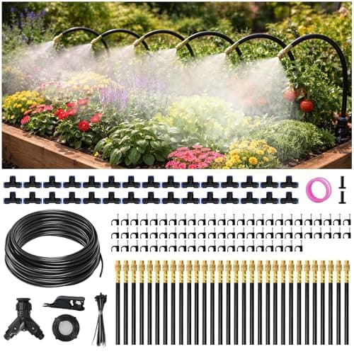 100FT Drip Irrigation System Kit Dual-Zone Garden Atomizing Watering System with 30 Copper 360° Adjustable Bendable Nozzles,Y-Splitter, Leak-Proof 1/4" Misting System for Garden Greenhouse Raised Beds - Image 1