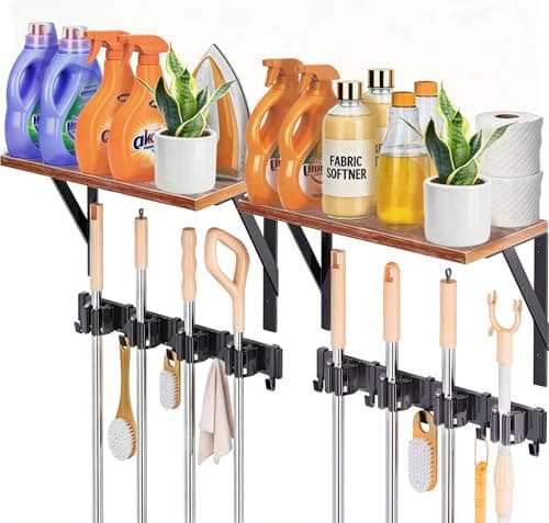 2Pack Broom Holder Wall Mount with Organizer Shelf, Space-Saving Broom and Mop Organizer Wall Hanging with 8 Broom Slots 10 Removable Hooks, Laundry Room Shelves for Laundry Room Garage Garden Closet - Image 1