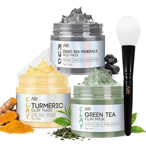 ANAI RUI 3 Pcs Face Mask Set - Turmeric Clay Mask - Green Tea Face Mask - Dead Sea Mud Mask for Oily Skin, Blackheads & Pores -Spa Gift Set Self Care for Women Teens 2.5 oz Each - Image 1