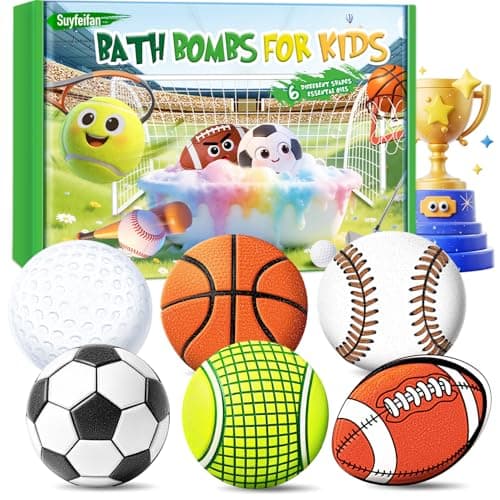 SUYFEIFAN Kids Bath Bombs, 6-Pack Organic Handmade Bath Bomb Sports Themed, Basketball, Football, Rugby, Golf, Tennis Shapes, Mild Skin-Friendly SPA Toy, Nice Daily Reward and Holiday Gift for Kids - Image 1