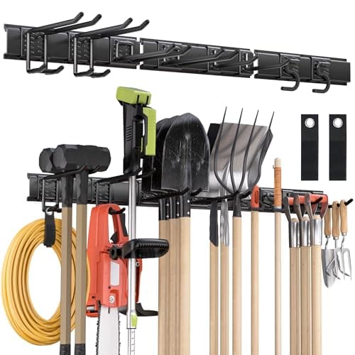 Garden Tool Organizer Wall Mount, 48 inches Tool Storage Rack with Adjustable Hooks, 600lbs Adjustable Heavy Duty Metal Hooks, Yard Shed Rack Holder System Hanging Rake Broom Mop, Father's day gifts - Image 1