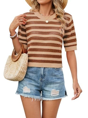 Bellcoco Crochet Tops for Women Spring Summer Short Sleeve Crop Pullover Sweater Top Vacation Outfits Beach Cover Ups Cute Hollow Out Short Sleeve Clothes 2026 Light French Beige XX-Large - Image 1