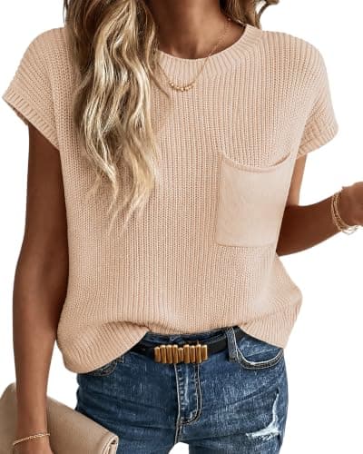 QUALFORT Women's Short Sleeve Sweater Cotton Knit Top Small Beige - Image 1