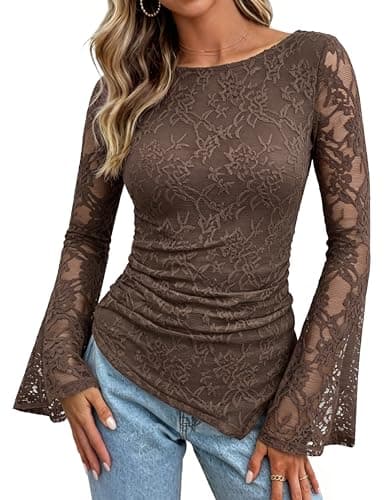 GRACE KARIN Womens Lace Long Sleeve Top Ruched Asymmetrical,Brown Rose,S - Image 1