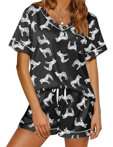 Ekouaer Silk Pajamas for Women Satin Pajama Set 2 Piece Short Sleeve Pjs Sets Soft Summer Sleepwear with Pockets Zebra X-Small - Image 1