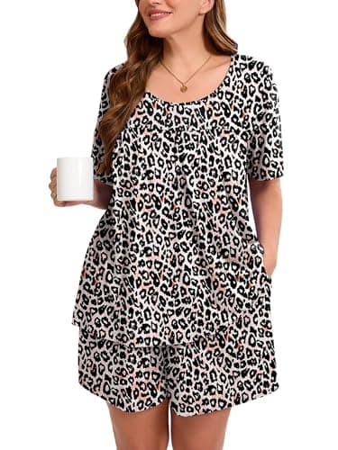 AusLook Women's Plus Size Pajama Sets Short Sleeve Top and Shorts Fancy Peachy Leopard 3X Casual Comfy Soft Ladies Short Pajamas Set Loungwear Sleepwear Pjs Set 2 Piece Lounge Set with Pockets - Image 1