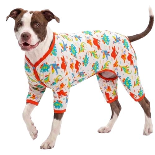 LovinPet Large Dog Pajamas, Undershirt for Dog Coats, Anti Licking, Pitbull Clothes, Pet Anxiety Calming Onesies for Dogs, White Dinos Print, Pet Pajamas for Dogs, Pitbull Shirt, 3XL - Image 1