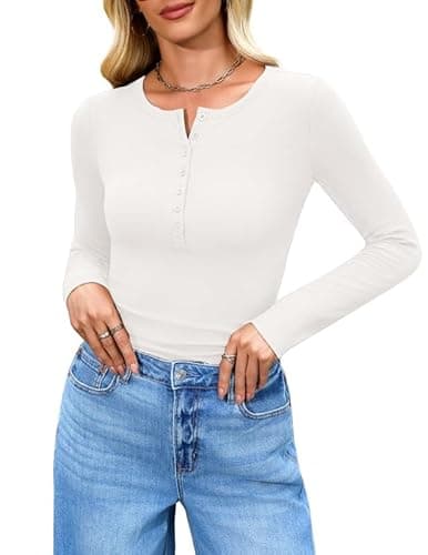 Misakia Long Sleeve Shirts for Women 2025 Spring Fall Tops Henley Button Ribbed Tunic Slim Fit Trendy Outfits White S - Image 1