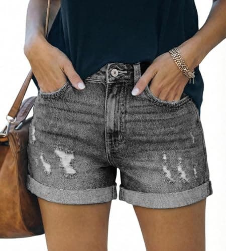 onlypuff Womens Juniors Mid Waisted Distressed Denim Shorts Summer Frayed Folded Hem Short Gray 16 - Image 1