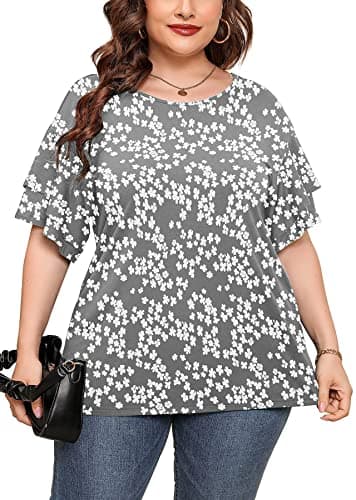 AusLook Plus Size Casual Tops For Women Grey Sakura 2X Tunic Double Ruffle Short Sleeve Blouses Crewneck Clothing Tee Ladies Clothes Flowy Dressy Casual Loose Fit Outfits Maternity Summer Clothes - Image 1