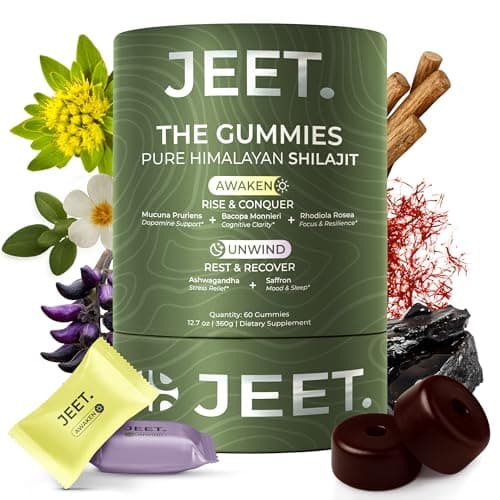 JEET. Himalayan Shilajit Gummies | AM + PM Adaptogen System | Ashwagandha, Rhodiola Rosea, Bacopa Monnieri, Mucuna Pruriens, Saffron | Energy, Focus, Mood and Sleep Support | 820mg | Vegan | 60 Count - Image 1