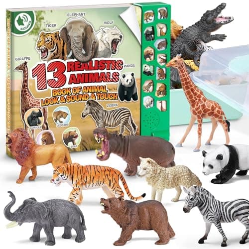 13 Realistic Wild Animal Figures with Sound Book & Storage Box, Plastic Safari Animal figurines for Toddler, Educational Zoo Animal Model Toy, Jungle Party Favor, Birthday Gifts for Kids Boys Girls 3+ - Image 1