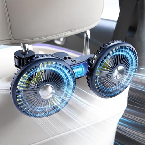 DICMKY Dual Head Car Cooling Fans for Back Seat for Kids, Battery Powered Rechargeable Usb 5V/ 12V /24V Car Backseat Headrest Fan for Baby Rear Facing, Car Seat Cooler That Blow Cold Air for Vehicles