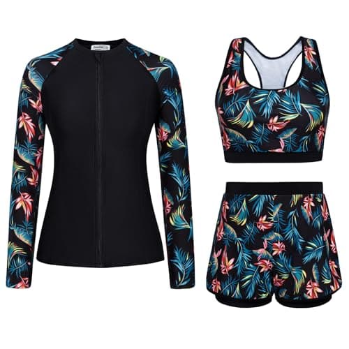 Women's Swim Shirt with Supportive Built-in Bra Tummy Control High-Rise Swim Shorts Printed Swim Suit Traje De Baño Mujer Blue Leaves S - Image 1