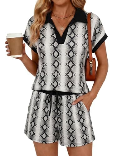 Yousify 2 Piece Sets for Women Cap Sleeve V Neck Lapel Tops and Drawstring Shorts Summer Casual Outfits Sleepwear 2026 - Image 1