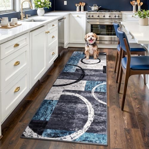 Yamaziot Modern Abstract Runner Rug, Ultra Soft 2x6 Washable Rug with Non-Slip Backing, Low Pile Patchwork Throw Carpet for Hallway, Entryway, Kitchen, Bedroom (Blue, Geometric Circle) - Image 1