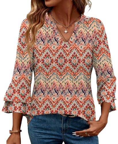 IEEILULU 3/4 Length Sleeve Womens Tops V Neck Tunics Ruffle Sleeve Tops Blouses for Women Dressy Casual (US, Alpha, Small, Regular, Regular, Red Square) - Image 1