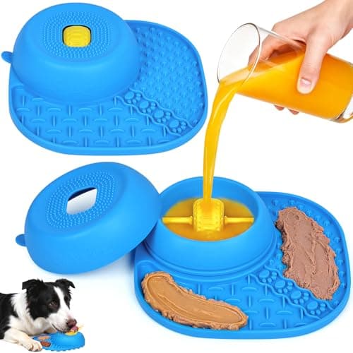 Dog Licking Bowl with Rolling Ball - 2-in-1 Anti-Slip Slow Feeder Dog Bowls w/Lick Mat for Liquid and Thick Treat, 150ml Licking Bowl for Anxiety Relief, Fits Small Medium Large Dogs & Cats Blue 1Pcs