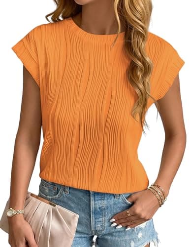 Aprolive Plus Size Blouses for Women Formal Knit Sleeveless Tops Spring Short Sleeve Oversized Plain T Shirts(Orange,Large) - Image 1