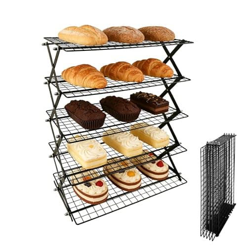 5 Tier Collapsible Cooling Rack with Adjustable 6 Setting Design stackable wire rack for baking sheet for Cookies Baking Gifts for Women (Black, 5-Tier) - Image 1