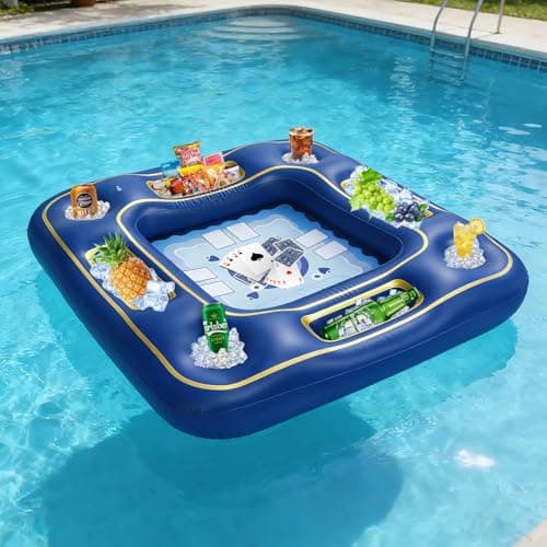 Floating Poker Table for Pool with Waterproof Playing Cards - 4 Person Inflatable Pool Games for Adults - Blue & Gold Premium Floating Card Table Set for Lake, River, and Swimming Party (40 inch) - Image 1