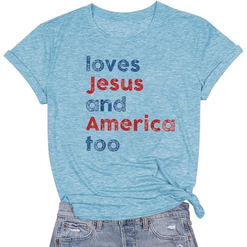 Loves Jesus and America Too Shirt 4th of July Shirts for Women Funny Christian Patriotic Tee Tops - Image 1
