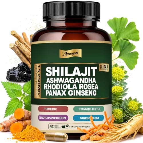 MPRAYAN Shilajit Ashwagandha Capsules â 8 in 1 Adaptogen Complex for Energy, Focus & Stress Support with Rhodiola Rosea, Panax Ginseng, Cordyceps â Natural Herbal Supplement | 60 Vegan Capsules - Image 1