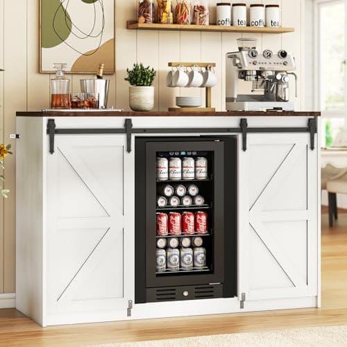 Lamtor Coffee Bar Cabinet with Storage - 53" Farmhouse Coffee Bar with Barn Doors, Mini Fridge Cabinet with Power Outlet for Kitchen Dining Room Living Room, White - Image 1