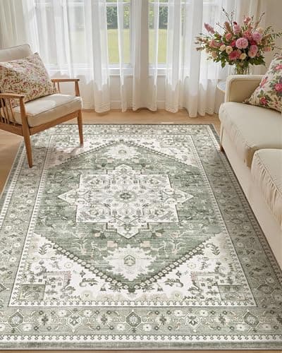 Micgeek 5x8 Vintage Area Rug: Washable Neutral Soft Non Slip Thin Large Floor Carpet for Living Room Bedroom Kitchen Dining Room Home Office Farmhouse Indoor - Green - Image 1