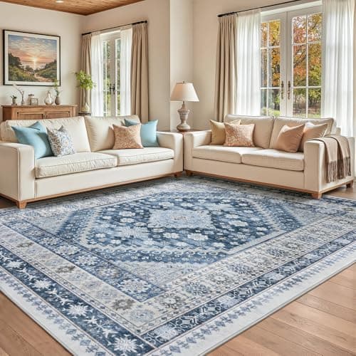 Carpelux Area Rugs 9x12 Living Room, Large Washable Vintage Rug, Boho Carpet, Non Slip & Stain Resistant Carpets for Bedroom Indoor Nursery Dining Under Table Home Decor, Blue/Beige