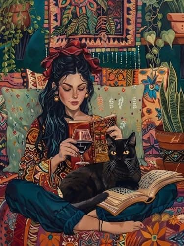 ijbnhd Diamond Art Kits for Adults, Reading Book Diamond Painting Kits for Adults, 5D DIY Round Drill Black Cat Gem Art Paint with Diamonds Dots Crafts Kits for Home Decor Gift 12x16 inch