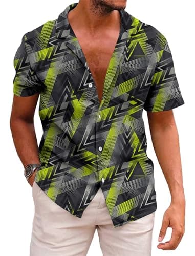 KYKU 3XL Bowling Shirts for Men Hawaiian Shirt Short Sleeve Button Down with Pockets, Geometric Line - Image 1