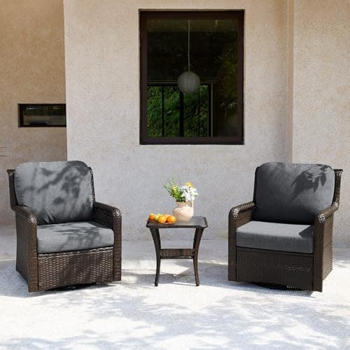 Tribesigns Outdoor Wicker Swivel Chairs Set with Tempered Glass Side Table, 3-Piece Outdoor Patio Furniture Set with 26.8'' Deep Seat, Patio Bistro Sets for Porch, Deck, Backyard, Brown/Gray - Image 1