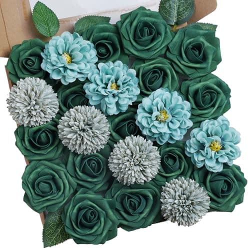 Green Artificial Flowers Combo, Fake Silk Dahlia Roses, Chrysanthemum Ball with Stems for Wedding Bridal Bouquets, Baby Shower, Birthday Party, Table Centerpieces, Home Decor & DIY Floral Arrangements - Image 1