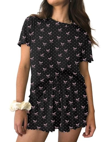 Ekouaer Womens Pajamas Ribbed Knit Pjs Set Summer Short Sleeve Lounge Sets Loose Comfy Pajama Sets Black Bow Tie L - Image 1