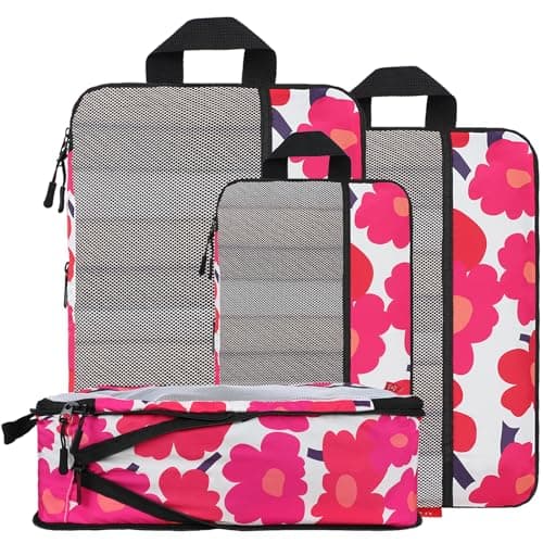 U+U 4 Set Compression Packing Cubes - Ultralight Travel Organizers, Space-Saving Suitcase Organizer, Expandable Packing Cubes for Travel, Business Trip and Family Vacation (Red Flower) - Image 1