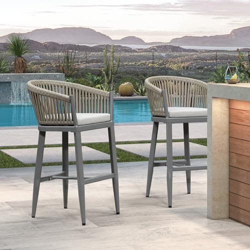 PURPLE LEAF Outdoor Bar Height Stools Set of 2 Patio Metal Modern Wicker Bar Chairs Woven Aluminum Barstools with Back and Cushions for Balcony Garden Indoor Kitchen Poolside Light Gray - Image 1