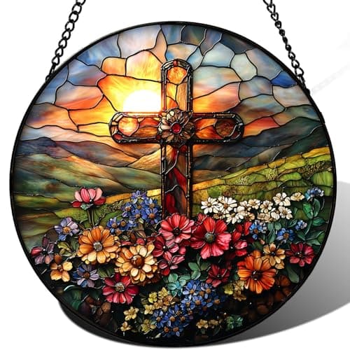 Zizzie Stained Glass Cross Suncatcher - 7.9" Real Glass Floral Mountain Sunrise Window Hanging, Weatherproof Christian Catholic Decor, Easter Memorial Sympathy Gift for Mom Women Pastor - Image 1