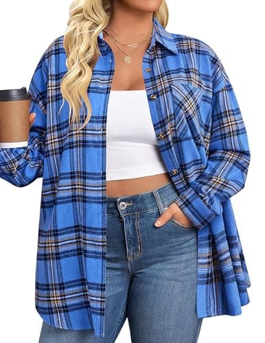 IN'VOLAND Womens Plus Size Button Down Flannel Shirts Long Sleeve Plaid Shackets Business Casual Blouse Top Blue Black - Image 1