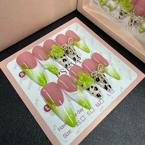 10 pcs Handmade Press on Nails,3D spotted green flower Bows Fake Nails,The effect is just like a salon manicure French Reusable Full Cover False Nails,Salon Grade Manicure Almond Coffin Size M - Image 1
