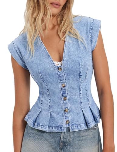 Nitzana Women's Denim Vest Trendy 2026 Cap Sleeve Deep V Neck Button Down Jean Vest Tops for Women Summer Crop Waistcoat Light Blue XL - Image 1