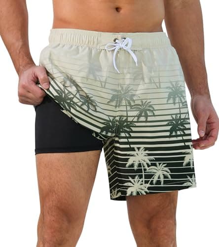 SILKWORLD Mens Swimming Trunks Elastic Waist Bathing Suit 2 in 1 Quick Dry Swim Shorts, Khaki Coconut Tree, Small - Image 1