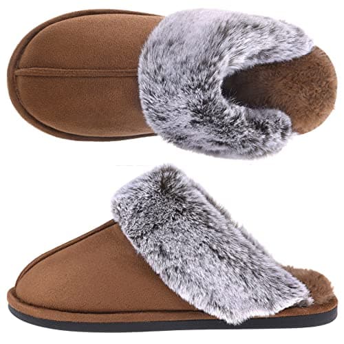 VANSARTO Women's Comfy Faux Fur Scuff Slippers Micro Suede Memory Foam Slip on Fuzzy Slide House Shoes Anti-Skid Sole, Brown, Size 7-8 - Image 1