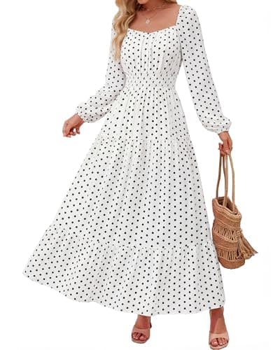 BTFBM Long Sleeve Dress for Women 2026 Spring Fall Boho Floral Square Neck Casual Flowy Long Wedding Guest Maxi Dresses(Polka Dot White Black, Small) - Image 1