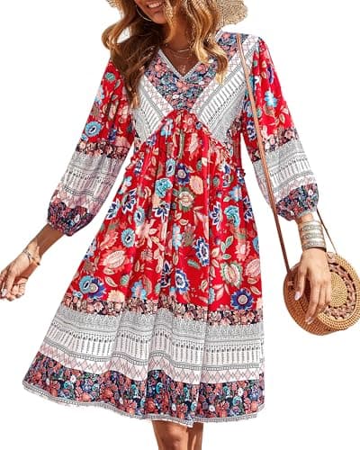 BTFBM Womens Summer Dresses 2026 Casual V Neck 3/4 Long Sleeve Ruffle Floral Flowy Boho Babydoll Mini Spring Beach Dress(Floral Red White, Medium) - Image 1