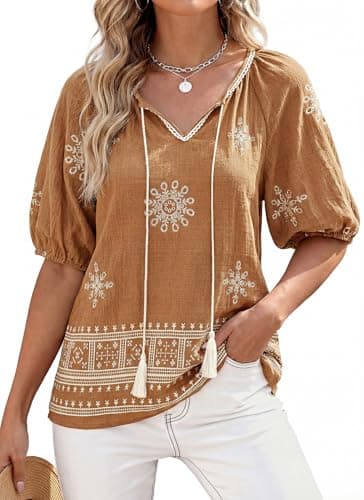 CFLONGE Womens Summer Boho Tops Casual Puff Short Sleeve Blouses V Neck Floral Shirts Loose Tie Front Flowy Vacation Clothes(Khaki White Floral,Medium) - Image 1