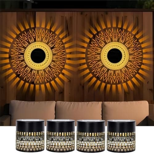 CustomCuddle New Upgrade Solar Mandala Light, Life Wheel Solar Projection Lights Outdoor Waterproof Metal Fence Lights for Yard, Wall, Garden, Patio, Backyard Decoration, Warm Light, 4 Pack