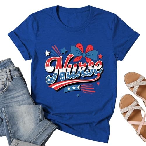 Nurse 4th of July Shirts for Women-Patriotic Nurse T-Shirt Red White Blue Bow Nurse Tees Top Nurses Inspirational Tee - Image 1