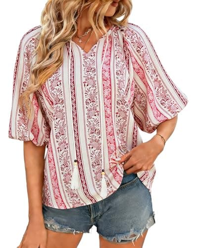 Summer Boho Tops for Women Short Sleeve V Neck Tassel Tie Front Blouse Floral Tunic Beach Vacation Flowy Shirts Red Printed S - Image 1
