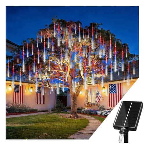 KNONEW Red White and Blue Solar Lights, 20 Tube 720 LED Solar Meteor Shower Lights Outdoor Waterproof Falling Raindrop Lights for Independence Day Tree Garden Yard Patio Gazebo 4th of July Decorations - Image 1